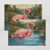Vintage elegante roze tropische flamingo save the date (Voorkant / Achterkant)