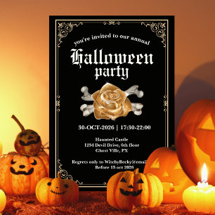 Vintage Elegante Zwarte Gouden Roos Halloween Fees Kaart