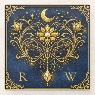 Vintage Elegantie Mystieke Goud Hemels Monogram Glazen Onderzetter