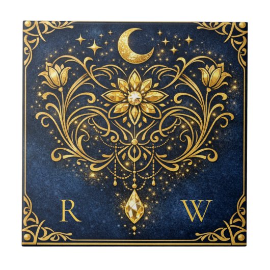 Vintage Elegantie Mystieke Goud Hemels Monogram Tegeltje (Voorkant)