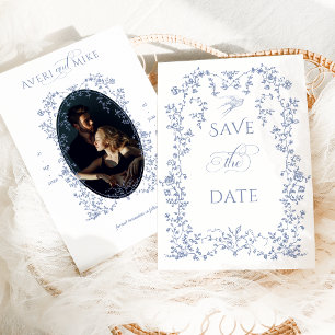 Vintage Elegantie stoffig blauwe Bloemen Foto Brui Save The Date