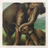 Vintage elephant cow with  her baby  glazen onderzetter (Voorkant)