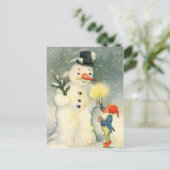 Vintage elf en sneeuwpop kerstmis briefkaart (Staand voorkant)
