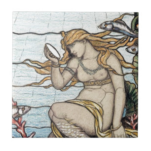 Vintage Elihu Vedder Mermaid Glas in lood Tegeltje