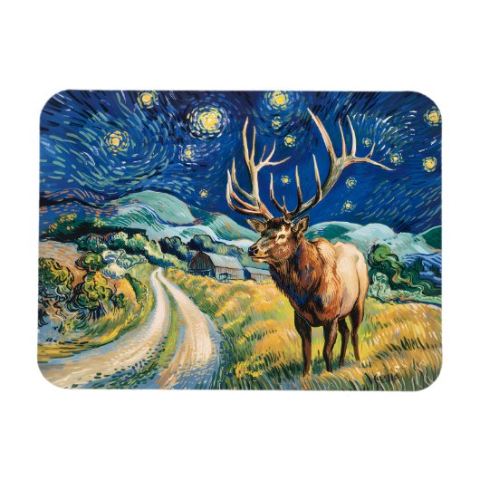 Vintage Elk Starry Night Van Gogh Countryside Magneet (Horizontaal)