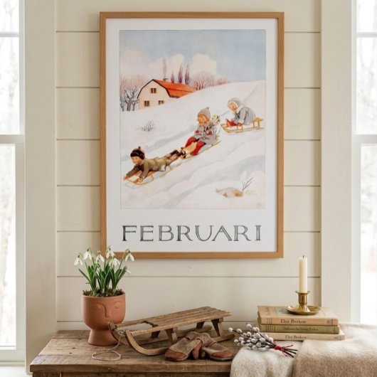Vintage Elsa Beskow February Sledding Nursery Poster
