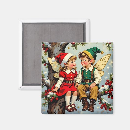 Vintage Elven Fairy Children Christmas  Magneet (Voorkant / Achterkant)
