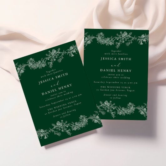 Vintage Emerald Green & White Floral Wedding Kaart