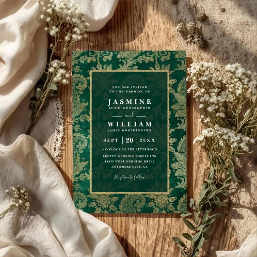 Vintage Emerald Peacock Gold QR Code Wedding Kaart