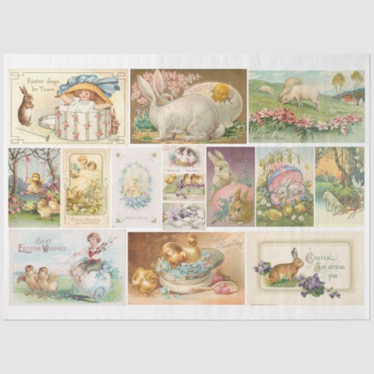 Vintage en Antiek Pasen Briefkaart Rabbit Decoupag Tissuepapier (Voorkant)