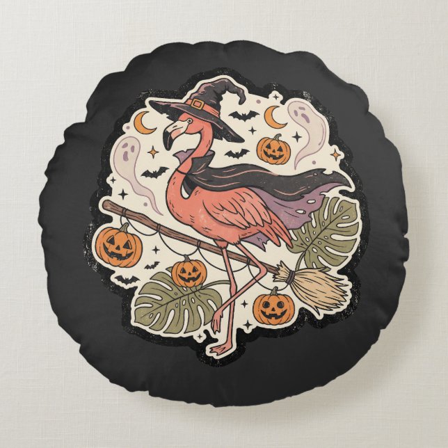 Vintage enge Flamingo Halloween-ontwerp Rond Kussen (Voorkant)
