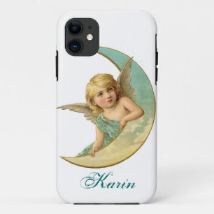 Vintage engel en maan iPhone hoes Voeg uw naam toe
