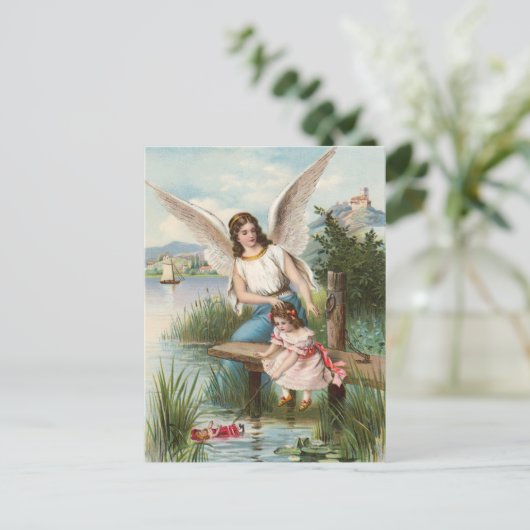 Vintage Engel Schutzengel mit Mädchen Briefkaart (Staand voorkant)
