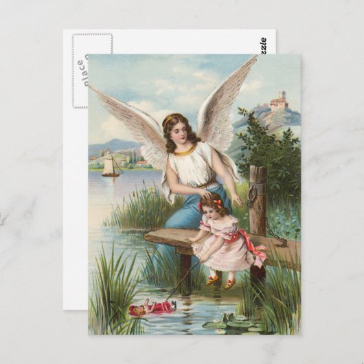 Vintage Engel Schutzengel mit Mädchen Briefkaart (Voorkant / Achterkant)