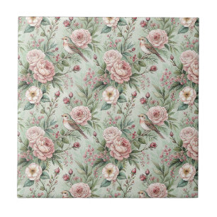 Vintage Engelse Tuin Vogel & Roos Bloemmotief Tegeltje