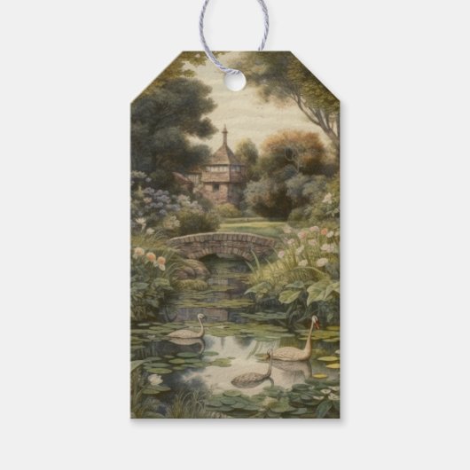 Vintage Engelse Tuin Zwanen Botanisch Cadeaulabel (Voorkant)