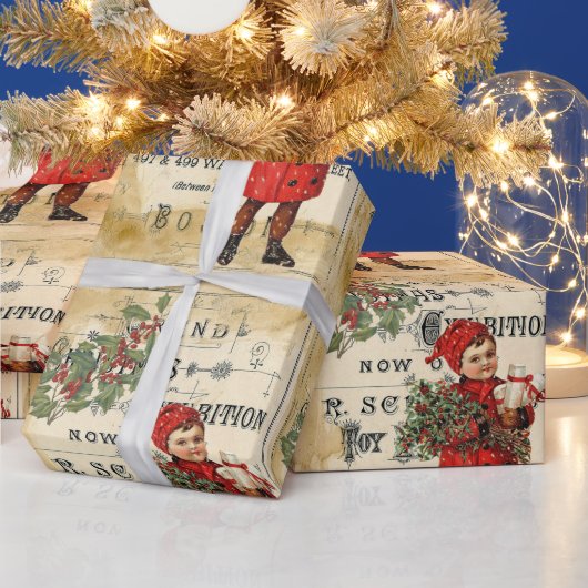 Vintage Ephemera Cute Kind Kerstmis en Poster Cadeaupapier (Feestdagen)
