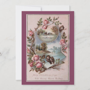 Vintage Ephemera Kerst Vogels Landschap Bloemstuk  Feestdagenkaart
