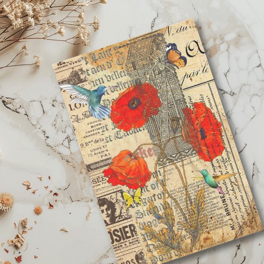 Vintage Ephemera Poppy Hummingbird Tissuepapier