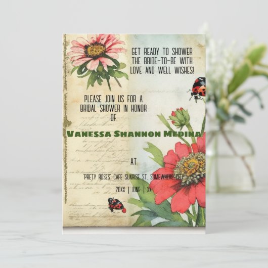 Vintage Ephemera Rood Zinnias Vrijgezellenfeest Kaart (Staand voorkant)