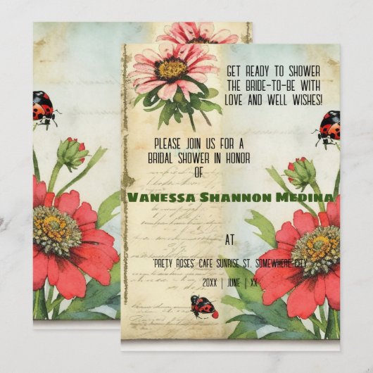 Vintage Ephemera Rood Zinnias Vrijgezellenfeest Kaart (Voorkant / Achterkant)