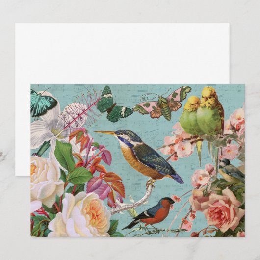 Vintage Ephemera Rozen Vlinders & Vogels Collage Kaart (Voorkant / Achterkant)