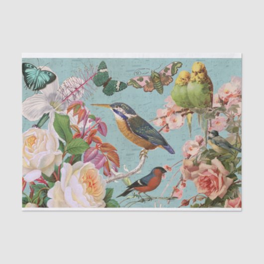 Vintage Ephemera Rozen Vlinders & Vogels Collage Tissuepapier (Voorkant)
