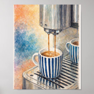 Vintage Espresso Koffie Art Print – Blauwe Strepen