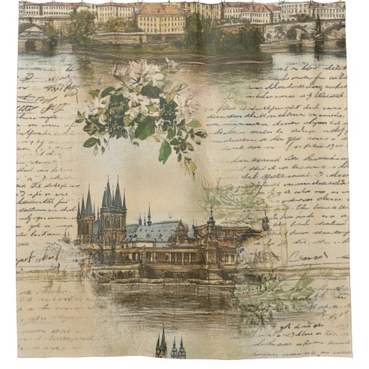 Vintage European River Scene - Handwritten Script Douchegordijn (Voorkant)