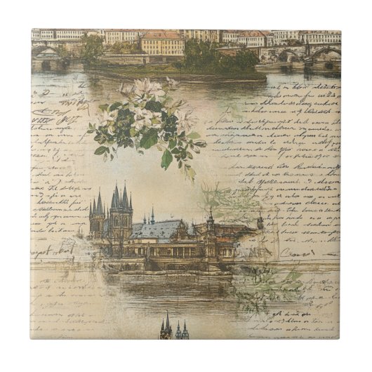 Vintage European River Scene - Handwritten Script Tegeltje (Voorkant)