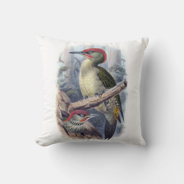Vintage Europese Groene Specht Vogel Kussen (Voorkant)