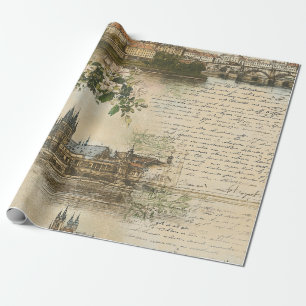 Vintage Europese rivier scène - handgeschreven sch Cadeaupapier