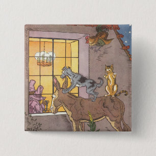 Vintage Fairy Tale, Bremen Town Musicians, Hauman Vierkante Button 5,1 Cm