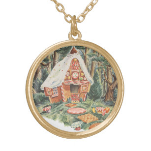 Vintage Fairy Tale, Hansel en Gretel Snoep House Goud Vergulden Ketting