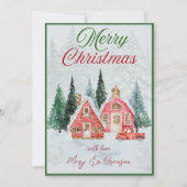 Vintage Farmhouse Pink Truck Village Script Feestdagenkaart (Voorkant)