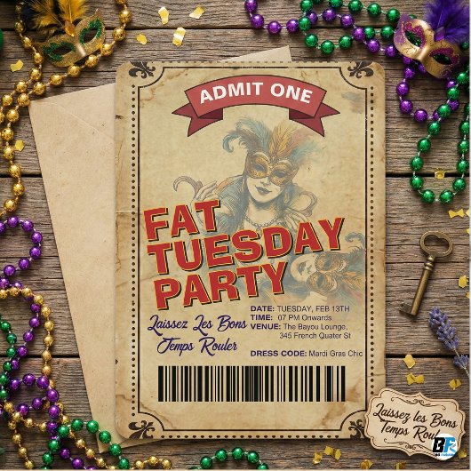 Vintage Fat Tuesday Party Ticket | Mardi Gras Kaart