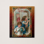 Vintage Father Christmas | Children | Ornate Frame Legpuzzel<br><div class="desc">Beautifully restored Victorian-era holiday illustration featuring Old World Father Christmas with children at the family hearth and Merry Christmas greeting framed by an ornate red,  green and gold ornamental gothic style frame and coordinating artisan background.</div>