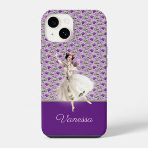 Vintage fee op paarse bloempatroon met naam iPhone 14 hoesje