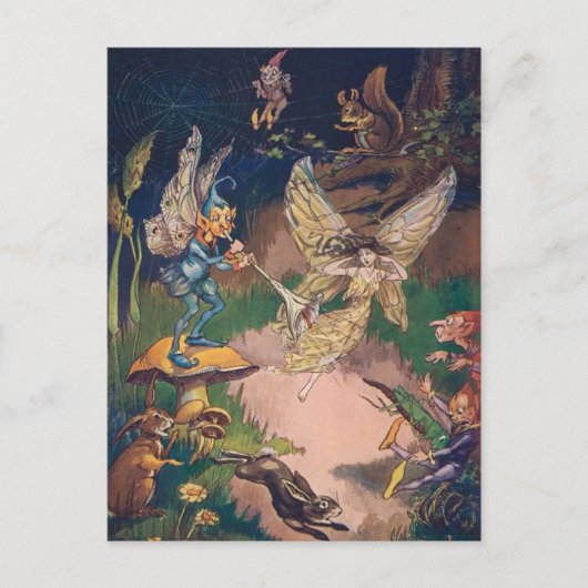 Vintage - feeën en elven in een nachttuin, briefkaart (Voorkant)