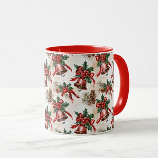 Vintage Festive Christmas Bells Holly Mug Gift Mok (Voorkant rechts)
