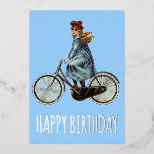 Vintage Fiets meisje - Verjaardag Folie Feestdagenkaart