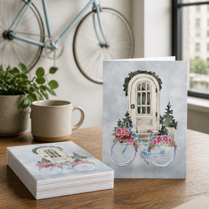 Vintage fietscruiser met bloemen notitiekaartje