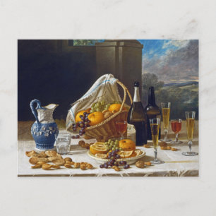 Vintage fijnkunst stilleven met wijn en fruit briefkaart