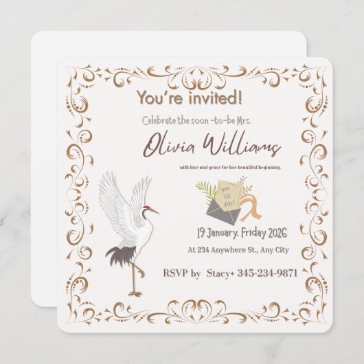 Vintage Filigree Stork Bridal Shower Invitation | Kaart (Voorkant / Achterkant)