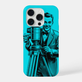 Vintage filmcameraman in het blauw iPhone 15 pro case