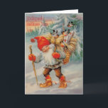 Vintage Finse Kerstkaart Joulupukki Feestdagen Kaart<br><div class="desc">Retro/Vintage Finse wenskaart van Kerstmis.  Weinig dwergjoulupukki die door het bos met een mandhoogtepunt reizen van giften!  Joulupukki Matkaan Taas Käy!  De kerstman is op zijn manier!</div>