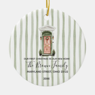 Vintage First Christmas In New Home Green Stripes Keramisch Ornament