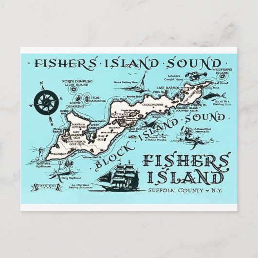 Vintage Fishers Island NY Kaart (Voorkant)