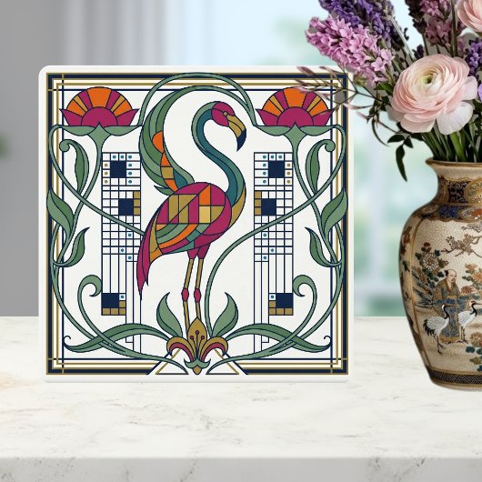 Vintage Flamingo Floral Geometric Patterned Tile Tegeltje