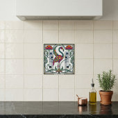 Vintage Flamingo Floral Geometric Patterned Tile Tegeltje